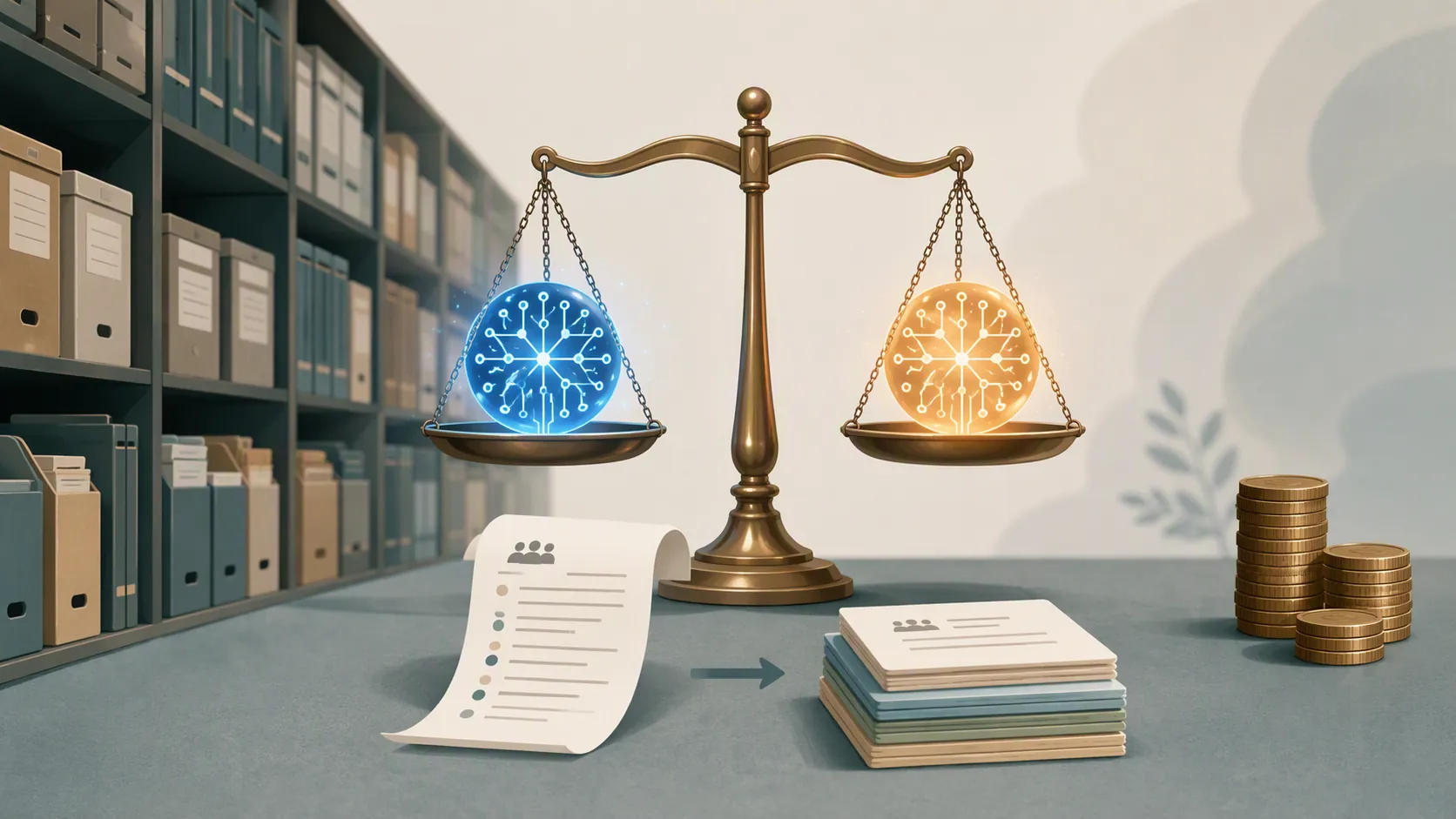 Balanced scale with two AI orbs above meeting transcripts, archived notes, and coin stacks