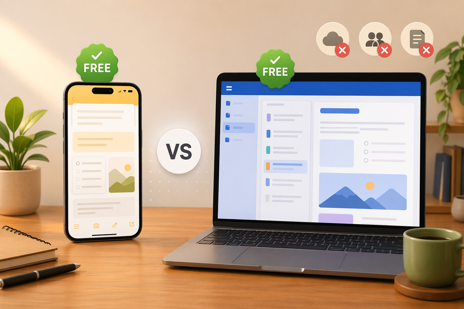 A flat vector illustration of a wooden desk with a laptop and smartphone side by side, each displaying clean note-taking app interfaces. Green 'FREE' badges float above each screen with a subtle 'vs' symbol centered between them.