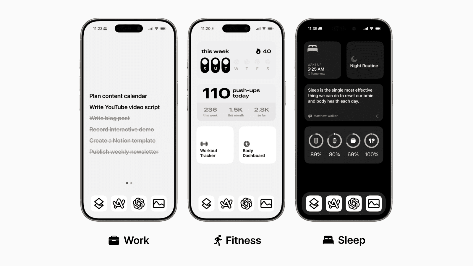 Three iPhone screens showing Work, Personal, and Sleep Focus Mode home screen layouts