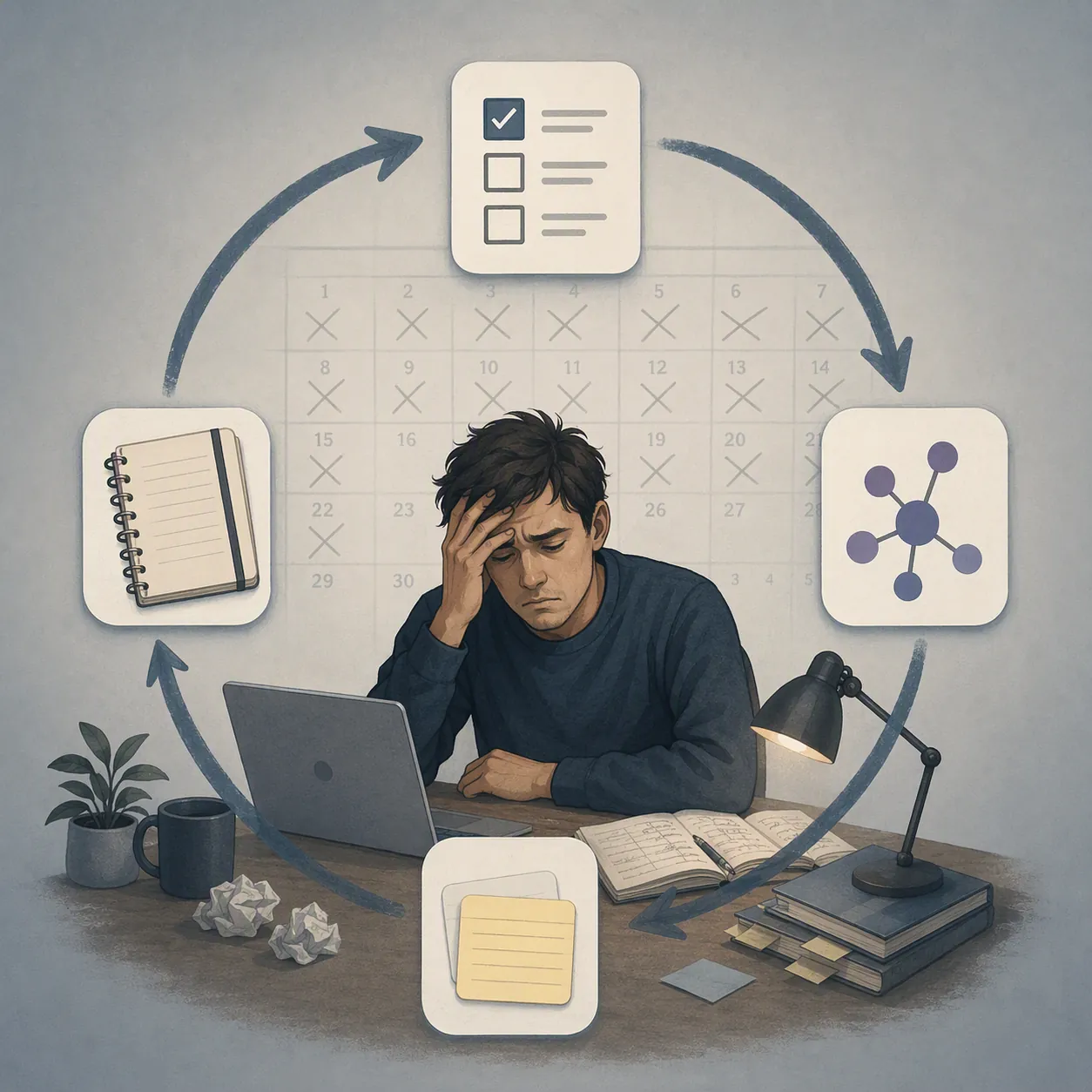 A frustrated figure surrounded by a circular loop of app migration arrows and passing calendar time