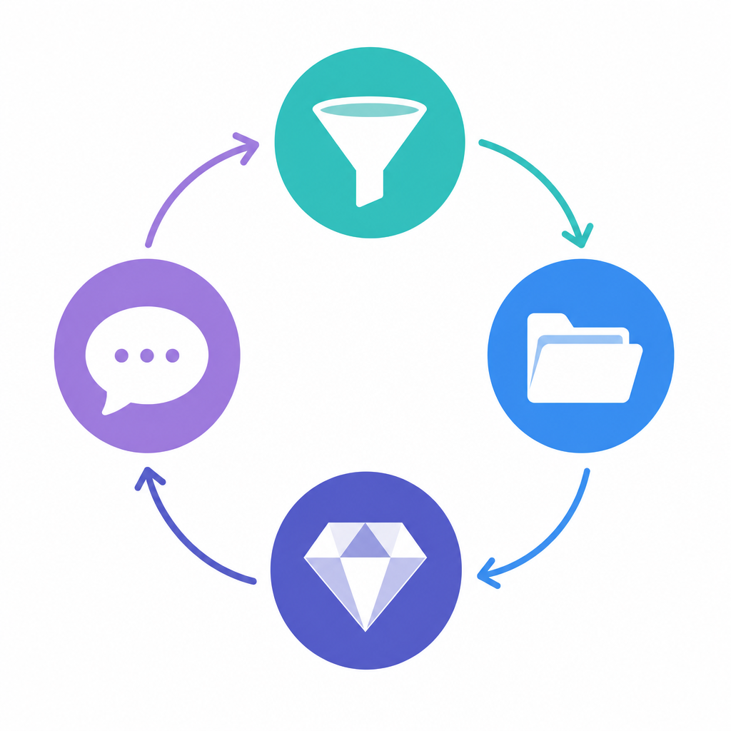 A circular four-step clockwise workflow diagram with four colored nodes representing the CODE stages: Capture, Organize, Distill, and Express.