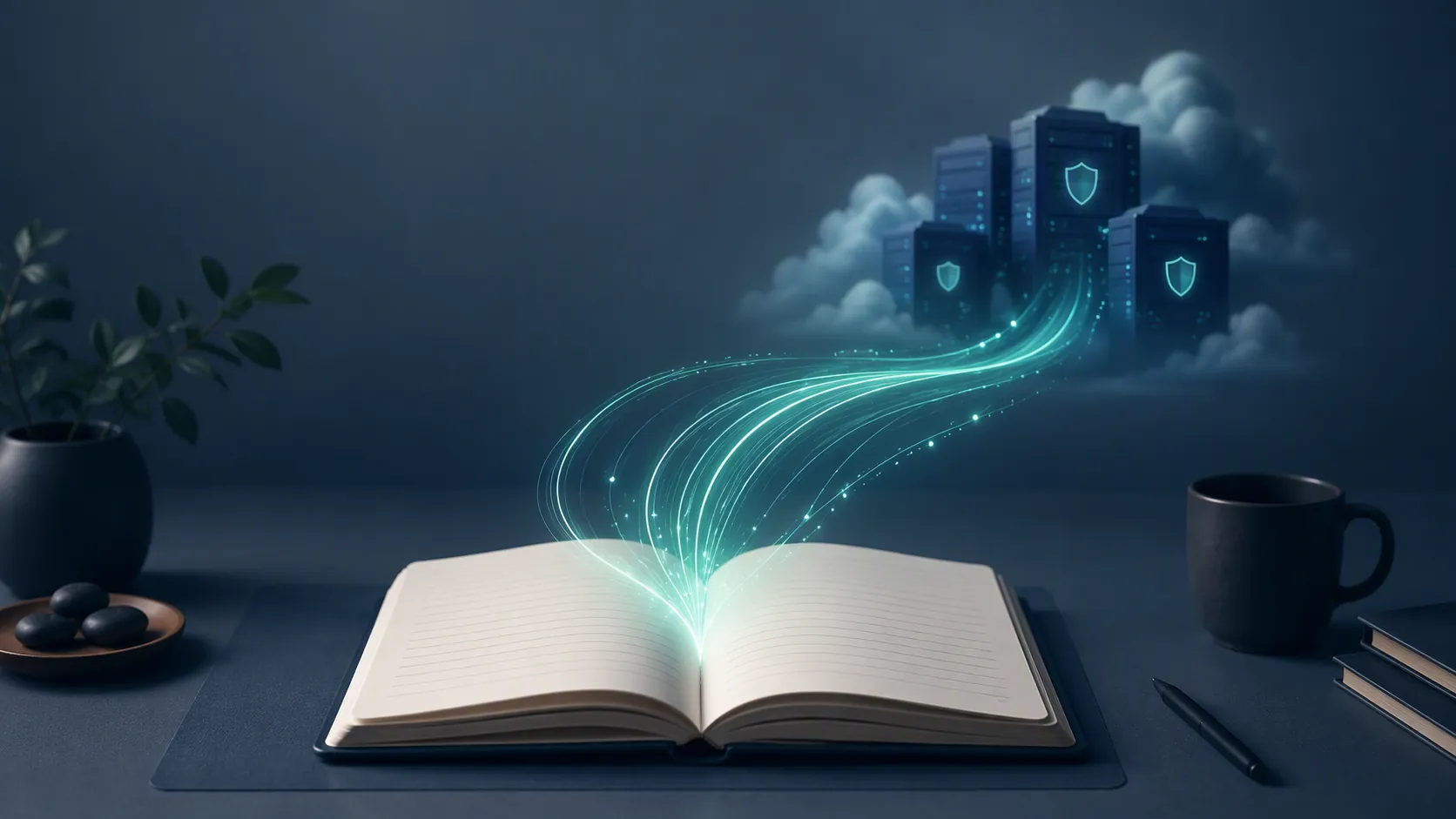 Open notebook with glowing data streams flowing toward abstract cloud servers with shield icons
