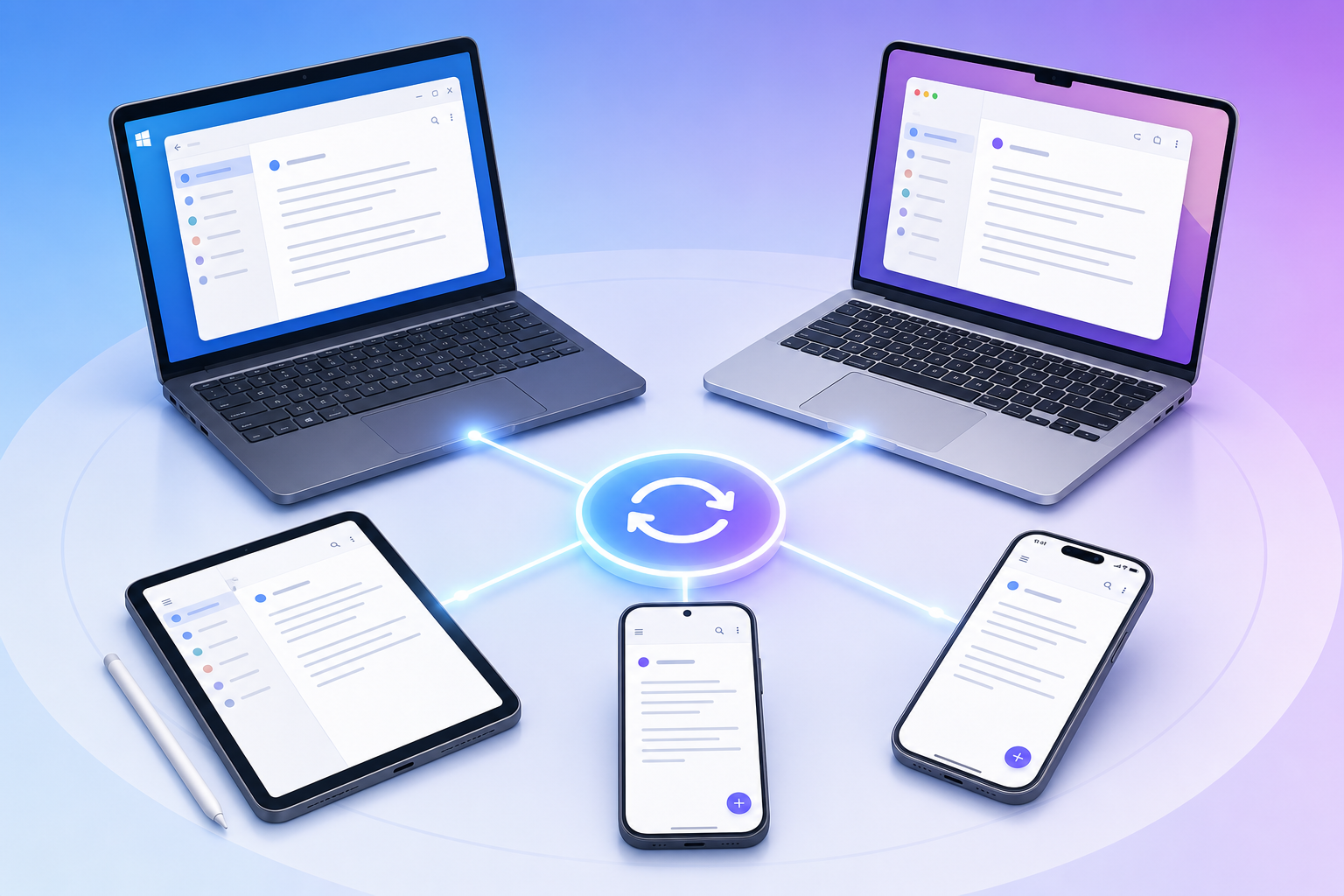 Flat 3D isometric illustration of five devices (Windows laptop, MacBook, iPad, Android phone, iPhone) arranged in a semi-circle, each displaying note-taking interfaces, connected by a glowing central sync node with circular arrows on a blue-to-purple gradient background