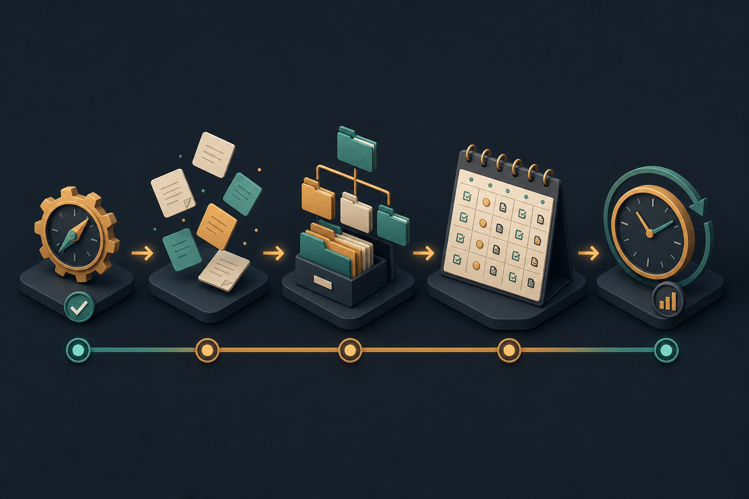 Horizontal timeline infographic on a dark slate background showing five progressive phases from left to right: a single tool icon with checkmark, scattered floating note cards for free capture, arranged folder structure, a calendar with three daily icons, and a clock review symbol, connected by arrows in amber and teal.