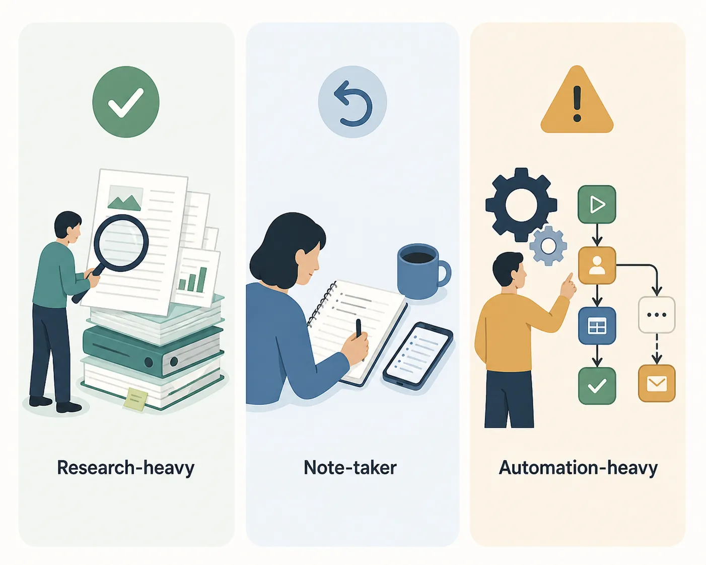 Three-panel comparison of a research-heavy user, a plain note-taker, and an automation operator