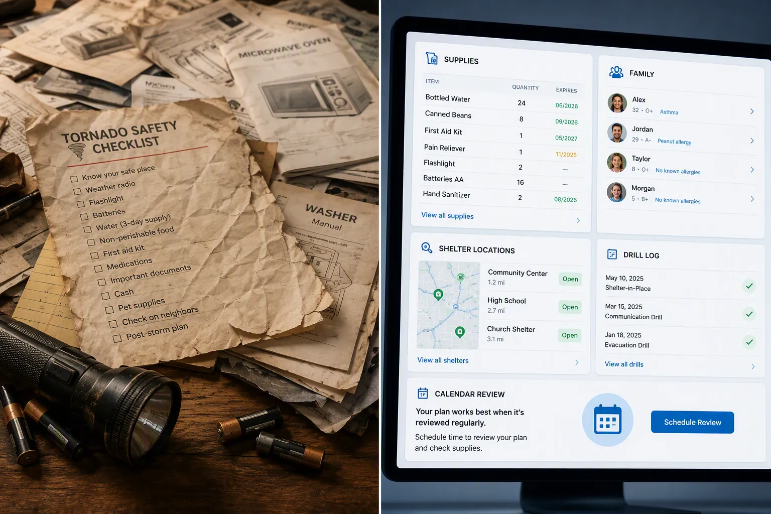 A faded paper tornado checklist beside a clean digital preparedness dashboard with linked household databases