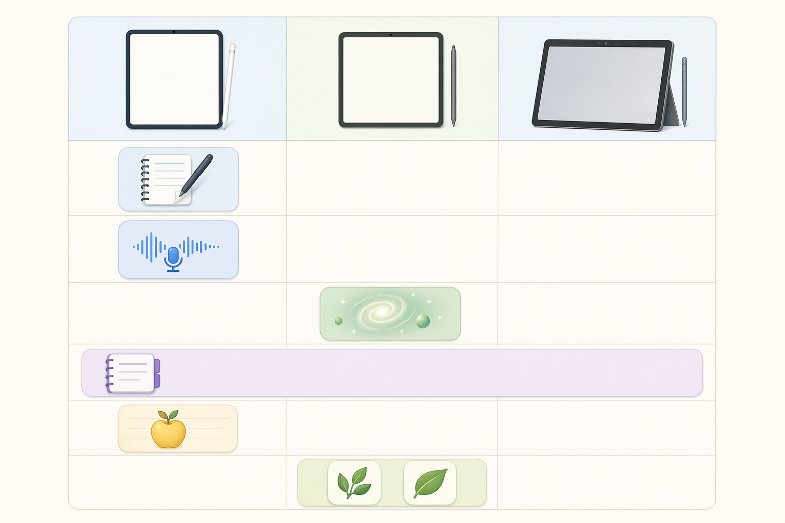Infographic-style grid showing handwritten note apps aligned with iPad, Android, and Windows tablet platforms