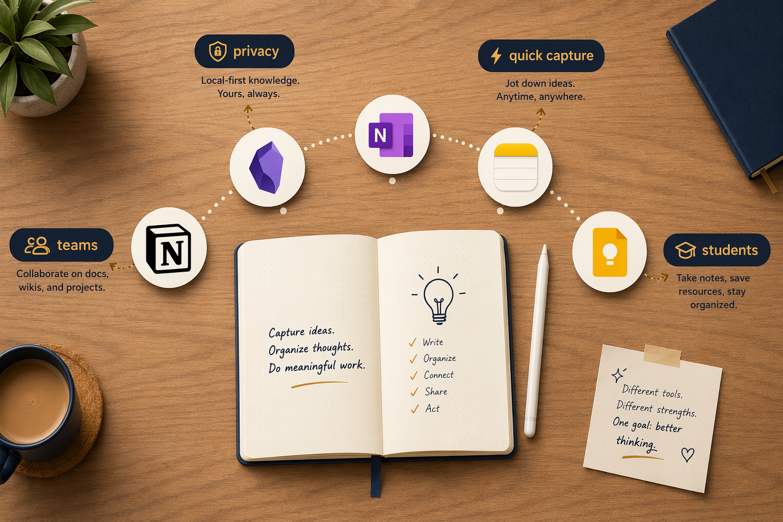 Flat-lay editorial illustration with five note-taking app icons arranged in a semicircle around a notebook and stylus, connected by arrows to use-case tags.