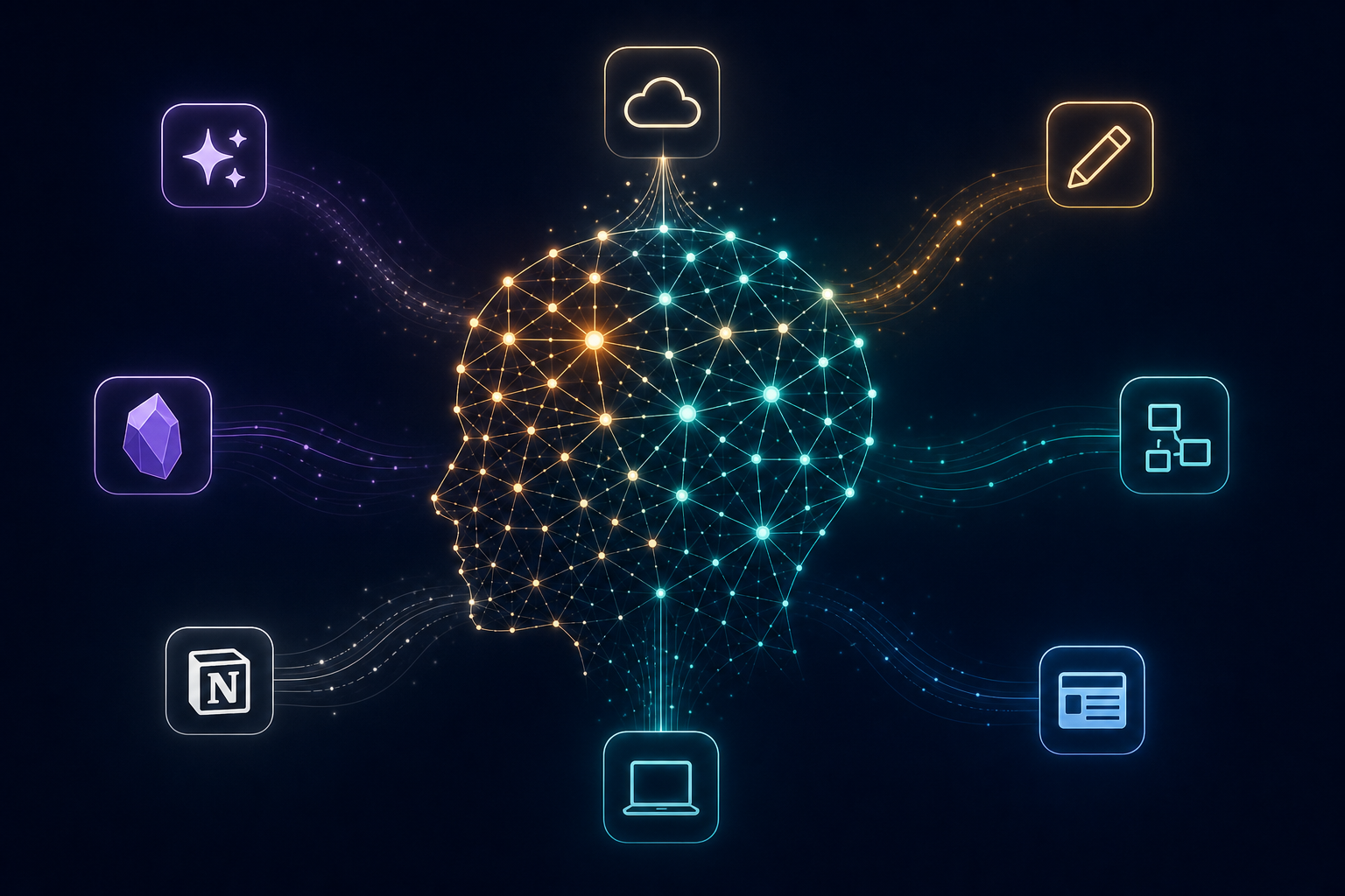 A dark navy illustration showing a human silhouette head as a network of glowing amber and teal connected nodes, with app icons for Obsidian, Notion, Logseq, and Heptabase orbiting around the edges feeding into the neural network structure.