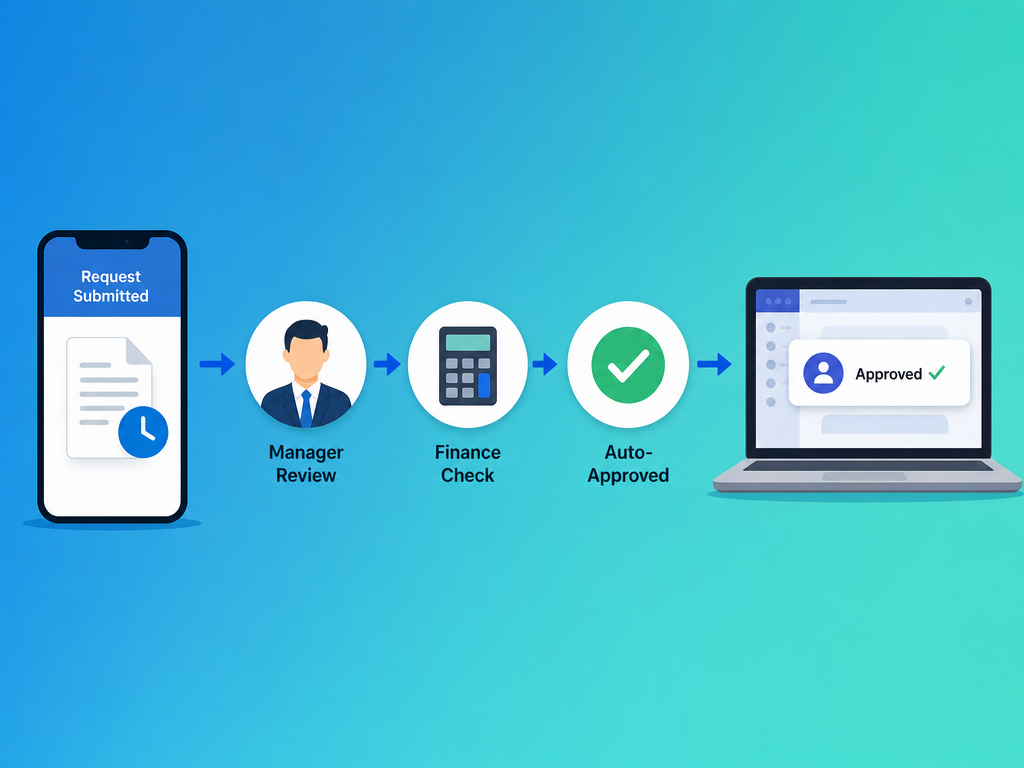 An illustration showing an automated approval workflow with a smartphone sending a document through three review nodes to a final approved status in Teams.
