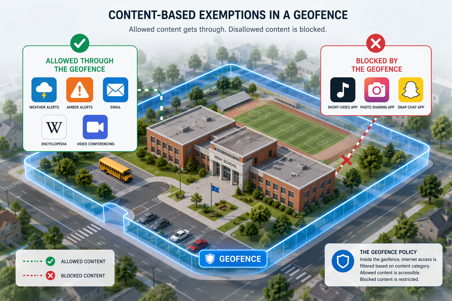 School campus surrounded by a geofence with allowed emergency, email, Wikipedia, and videoconferencing icons and blocked social media icons