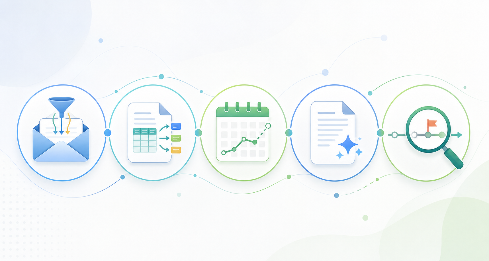 A flat illustration in blue and green tones showing five workflow application icons arranged horizontally and connected by light flowing lines: an envelope with a sorting symbol for email triage, a document with extraction arrows for data extraction, a calendar with a predictive graph for scheduling, a document with a sparkle for summarization, and a magnifying glass over a timeline with an alert flag for anomaly detection.