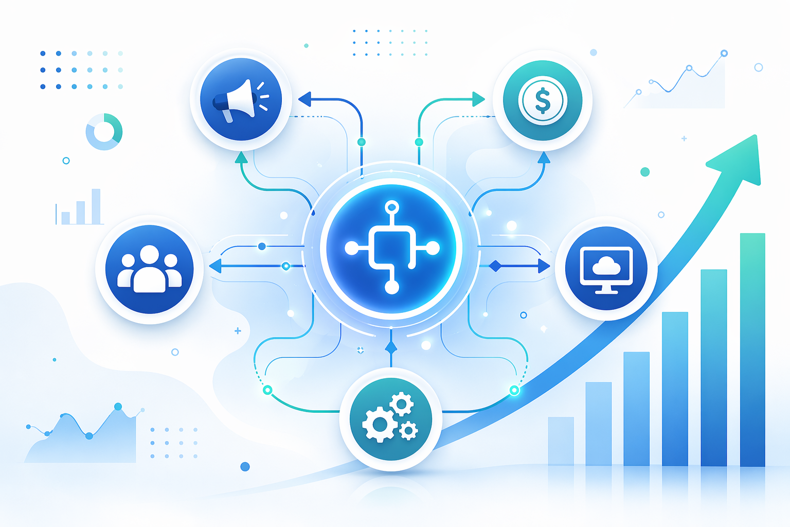 A flat vector illustration with a central glowing blue-teal hub icon connected to five business function icons — marketing megaphone, finance coin, HR people, IT monitor, and operations gears — with smooth arrow flows between them and a subtle upward trend arrow on the right side against a white background with soft gradients.
