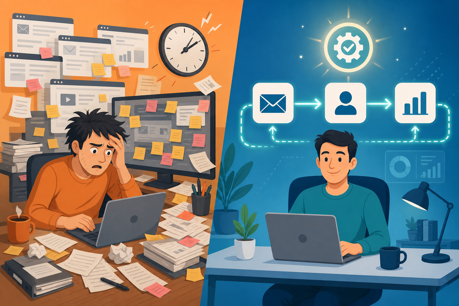Split-screen illustration comparing a chaotic manual workflow on the left with a streamlined automated workflow on the right.