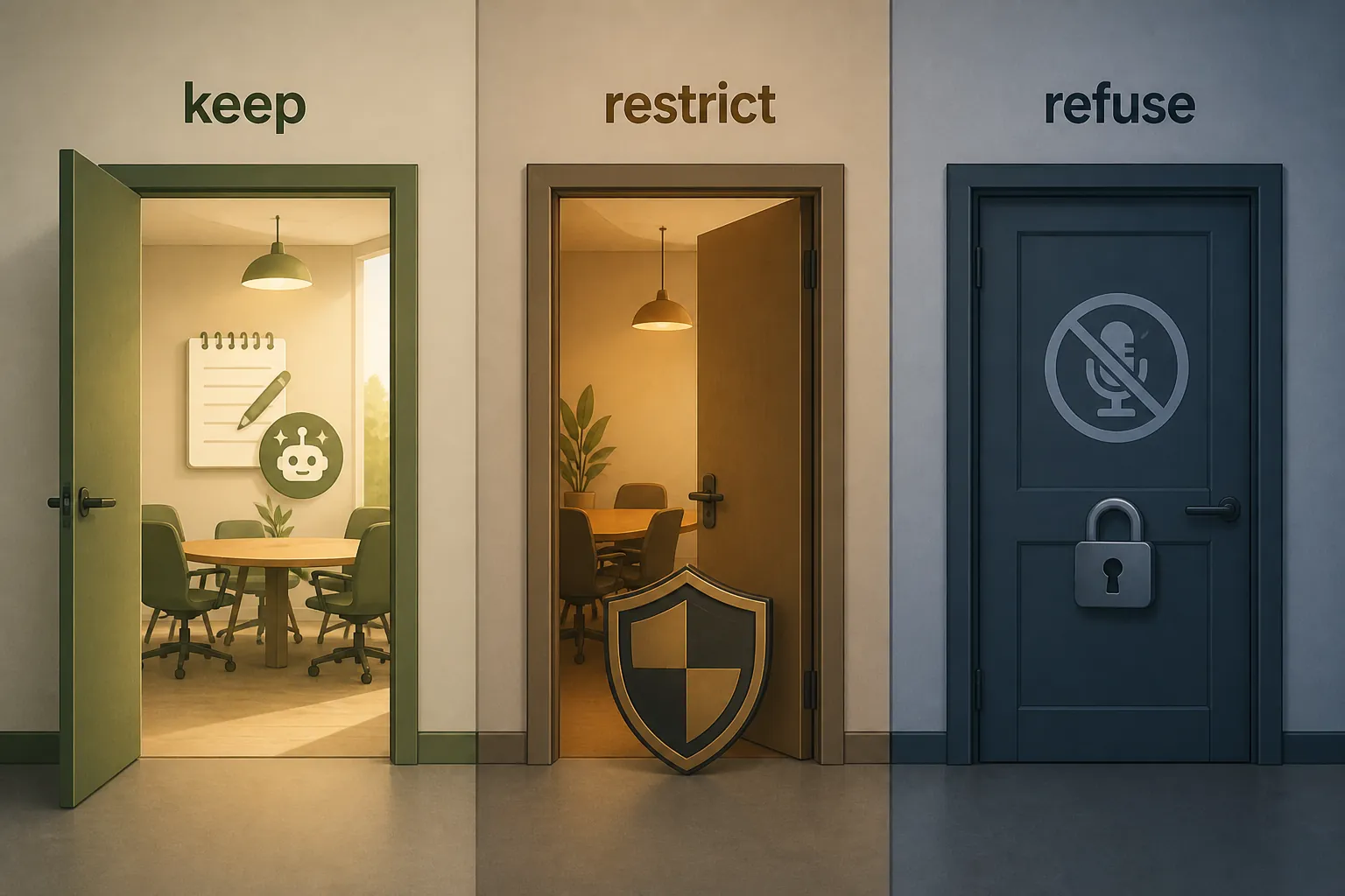 Three meeting rooms representing approved, restricted, and refused access for an AI notetaker