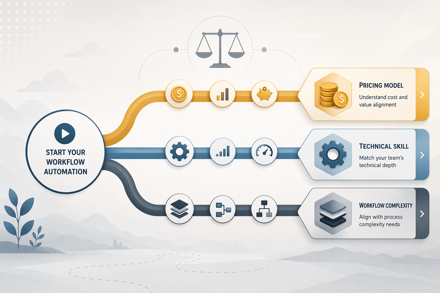 Decision tree showing workflow automation choices by budget model, technical skill, and workflow complexity