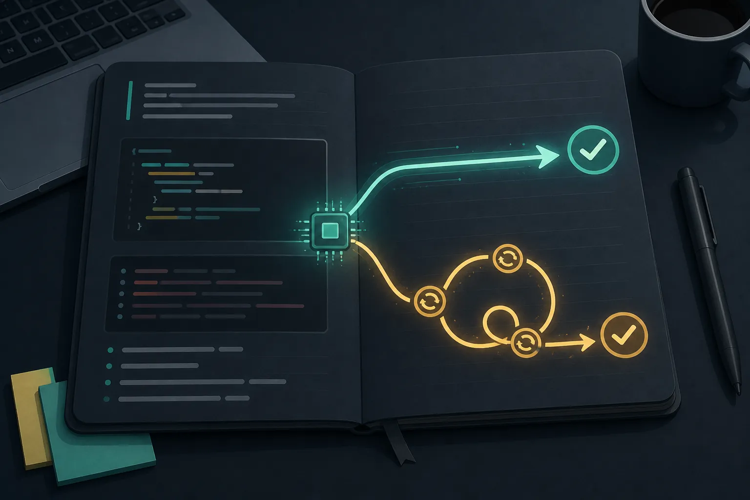 Developer notes with code snippets, stack traces, and branching model paths
