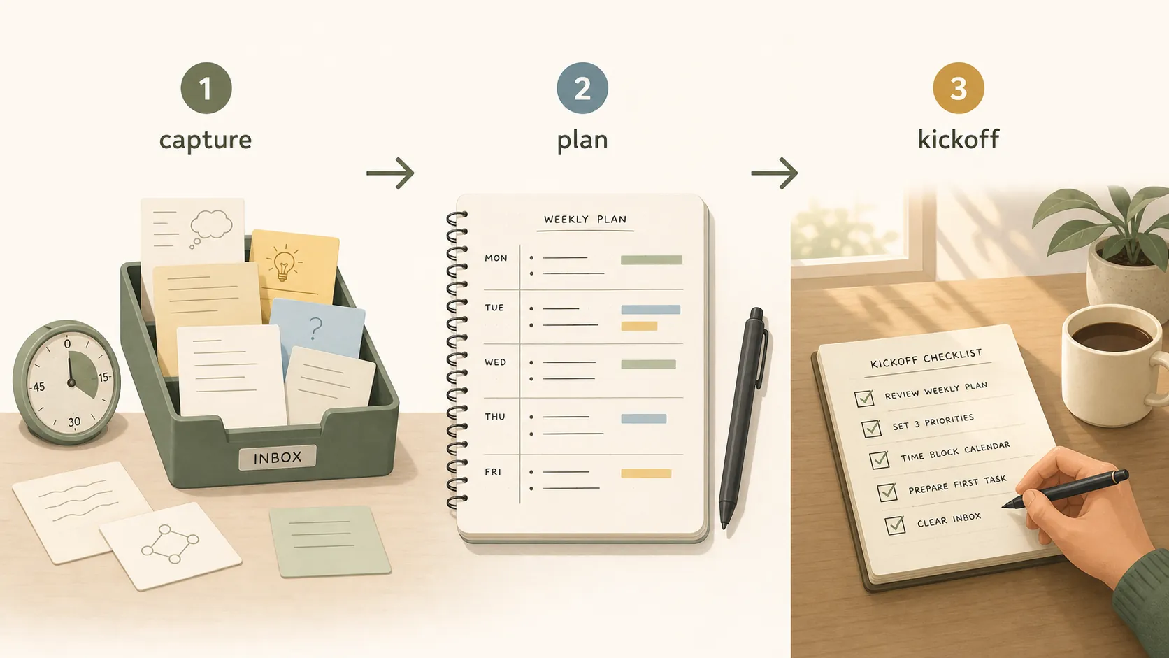 Workflow illustration showing capture, plan, and kickoff steps for a notes-app Monday system