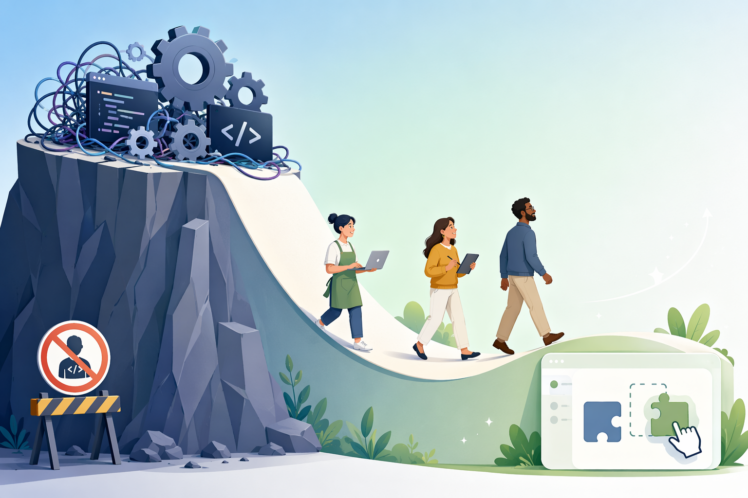 An editorial illustration showing a steep cliff labeled with gears, code brackets, and wires representing traditional automation that requires a developer, transforming into a gentle ramp where diverse non-technical professionals walk up with laptops and tablets.