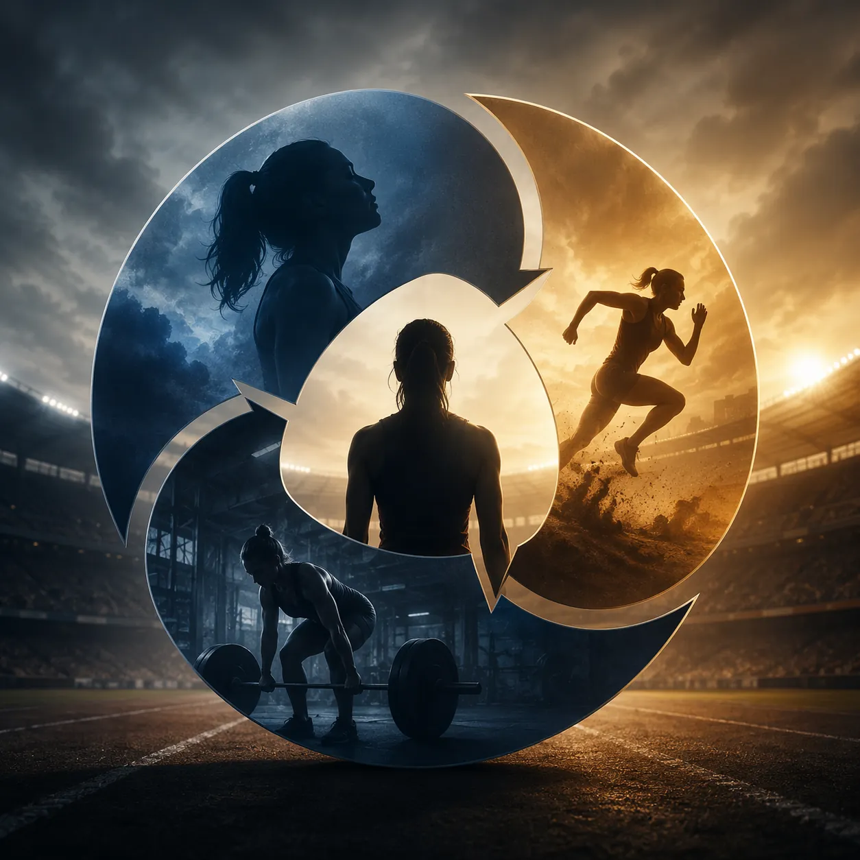 Three interlocking abstract shapes forming a continuous motivational cycle with an athletic silhouette in a stadium atmosphere