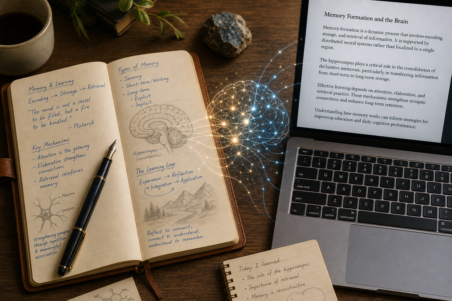 A flat-lay composition on a warm wooden desk: an open leather notebook with handwritten blue-ink notes, fountain pen, and margin sketches on the left; a laptop keyboard with typed text on a screen on the right; glowing neural network patterns connecting both sides, suggesting brain activity and cognitive processing during note-taking.