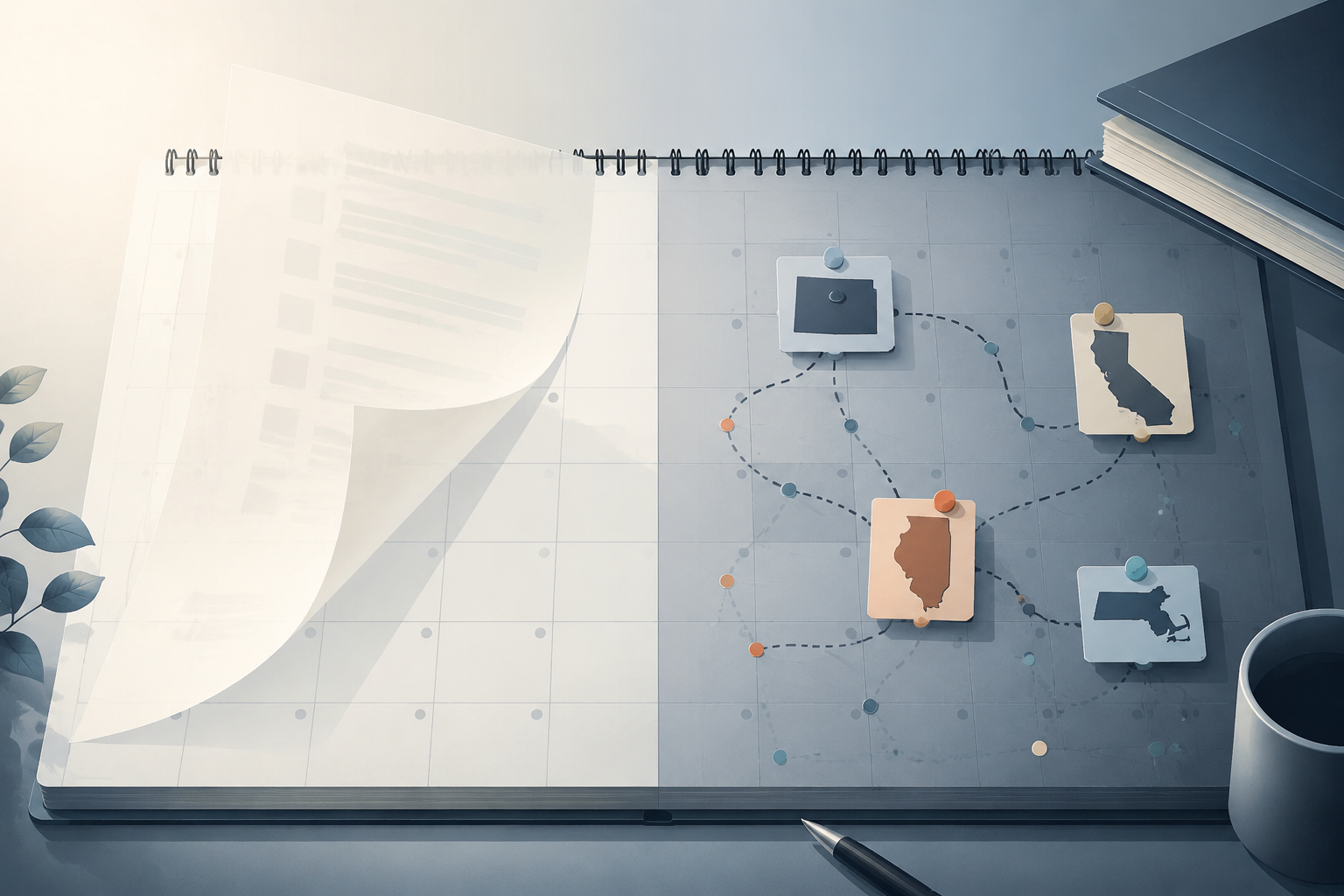 Editorial illustration of a federal compliance form fading away as state obligations appear across an HR calendar.