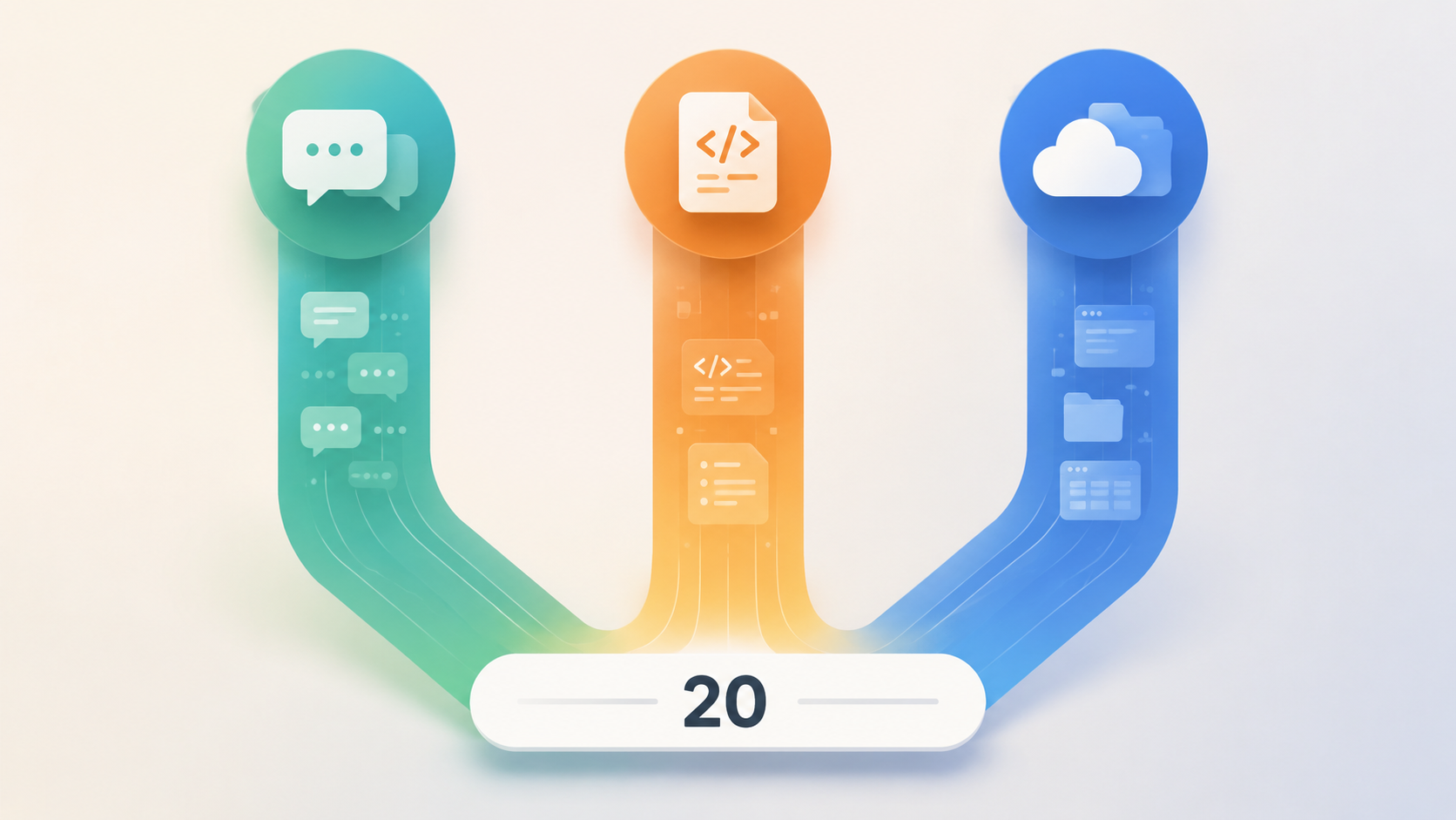 Three colored paths converge into one line marked 20, showing three AI subscriptions meeting at a similar price point.