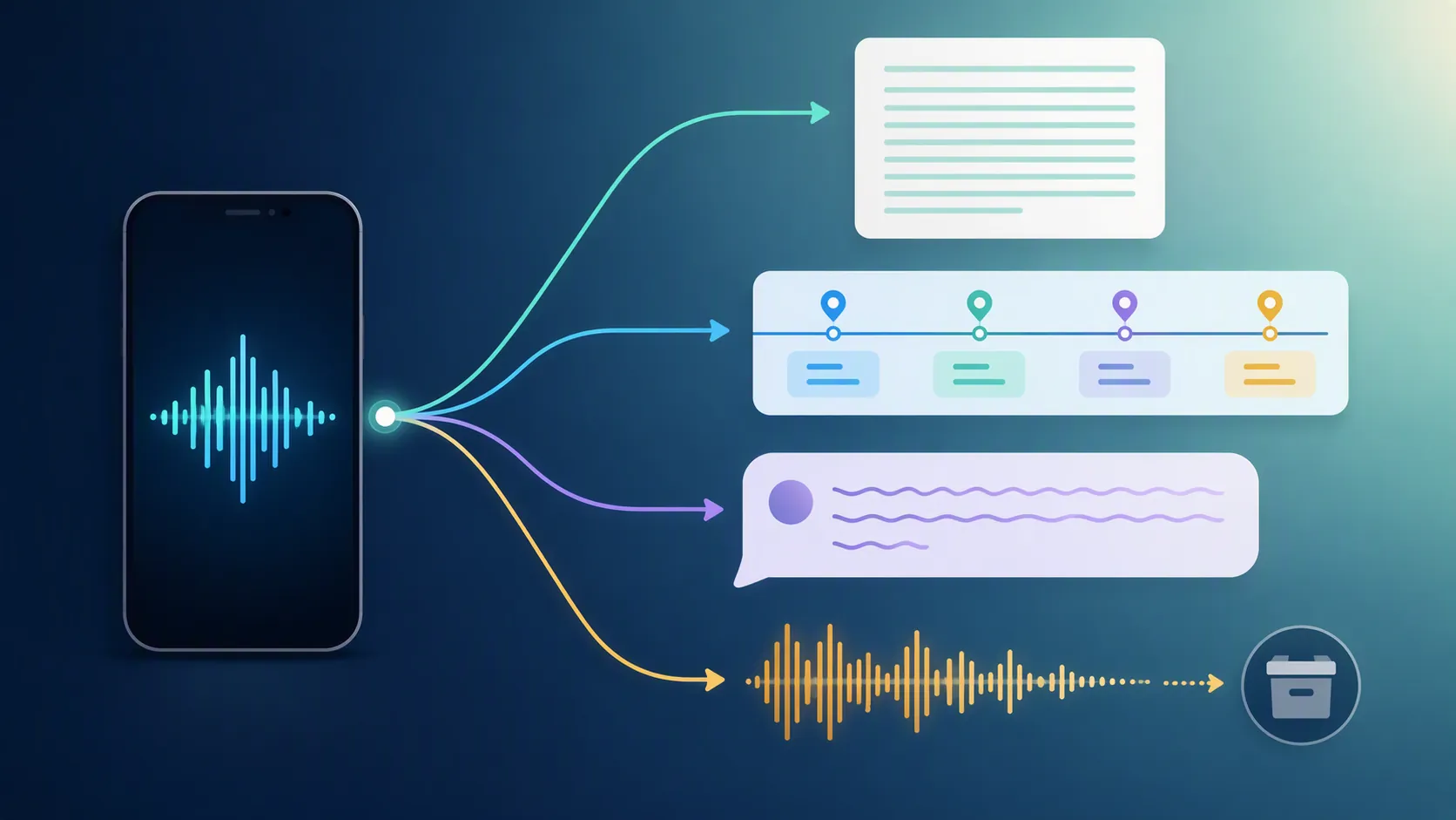 Smartphone voice input splitting into four routes: clean text, timestamped summary, chat recap, and archived audio waveform