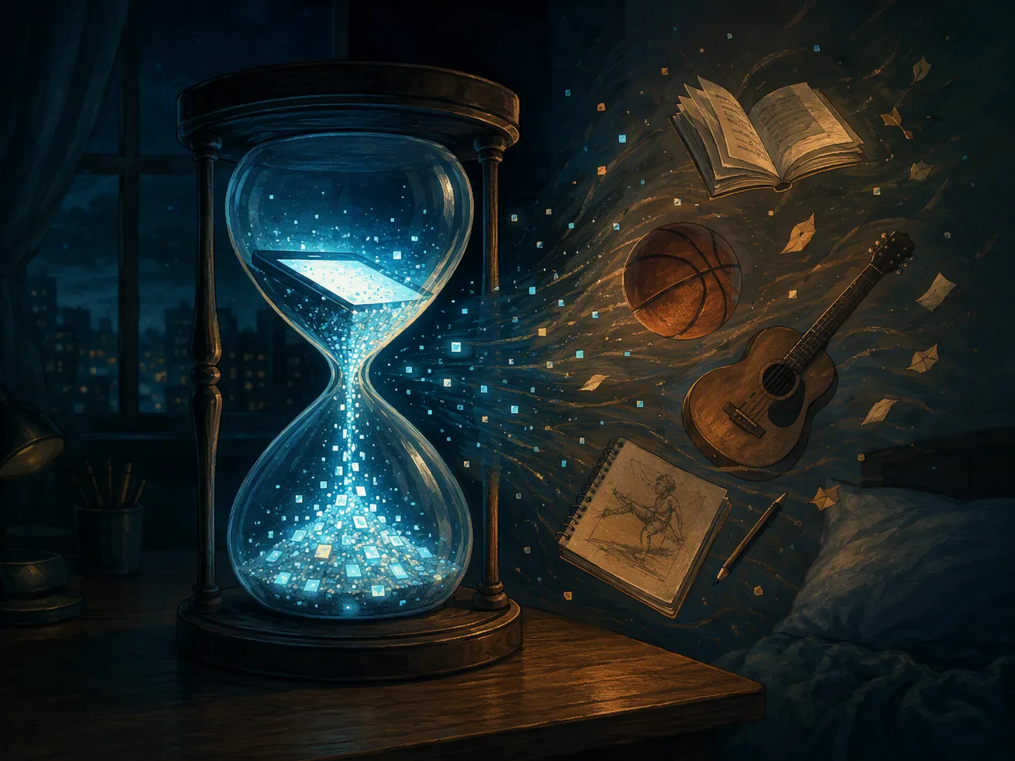 Hourglass with screen-light particles flowing through it while a book, basketball, guitar, and sketchbook are pushed aside