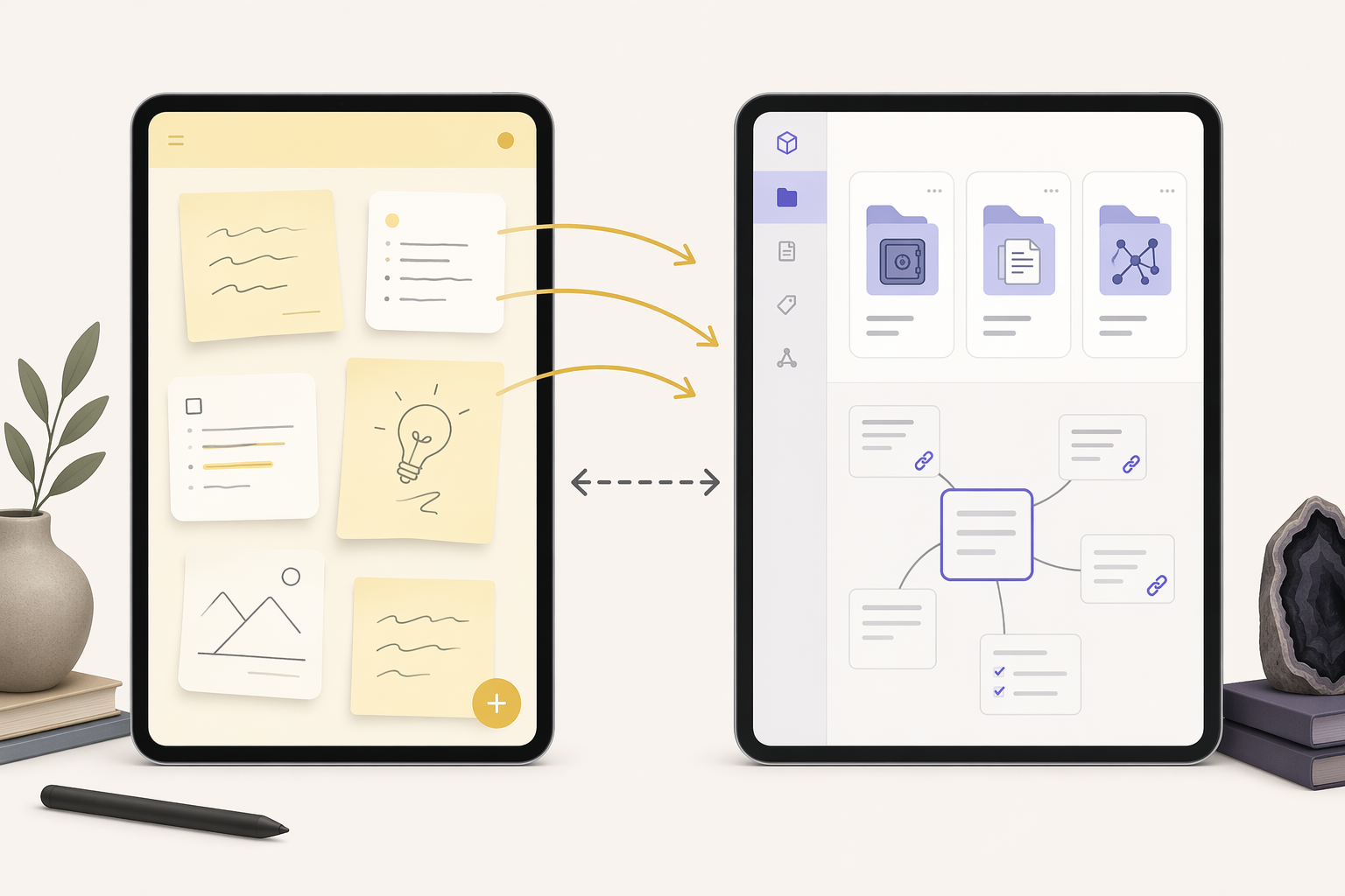 Two-app note-taking workflow with quick capture feeding an organized knowledge vault