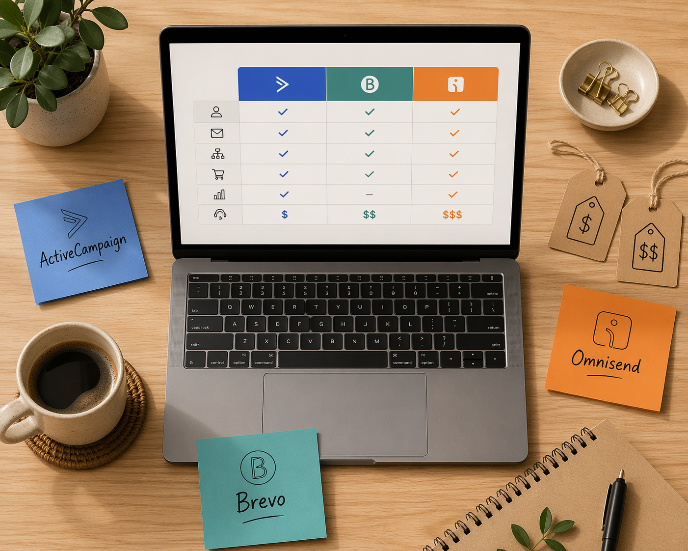 Laptop showing a pricing grid with sticky notes for ActiveCampaign, Brevo, and Omnisend on a wooden desk