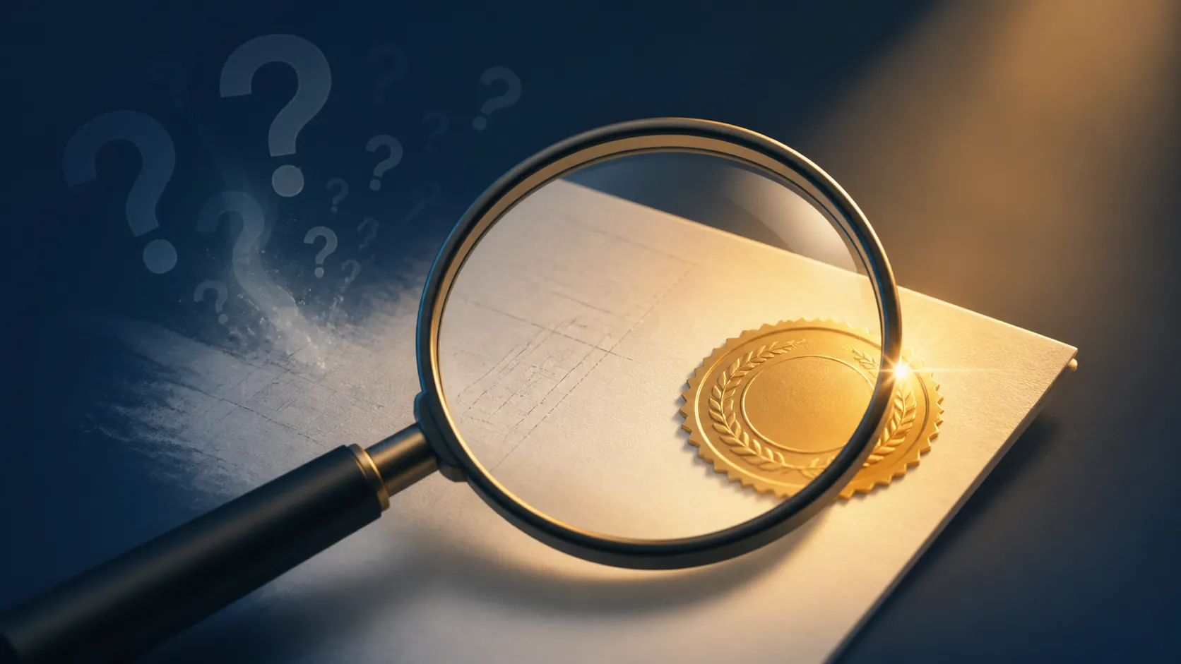 Magnifying glass examining a document with a certification-style stamp and faint question marks