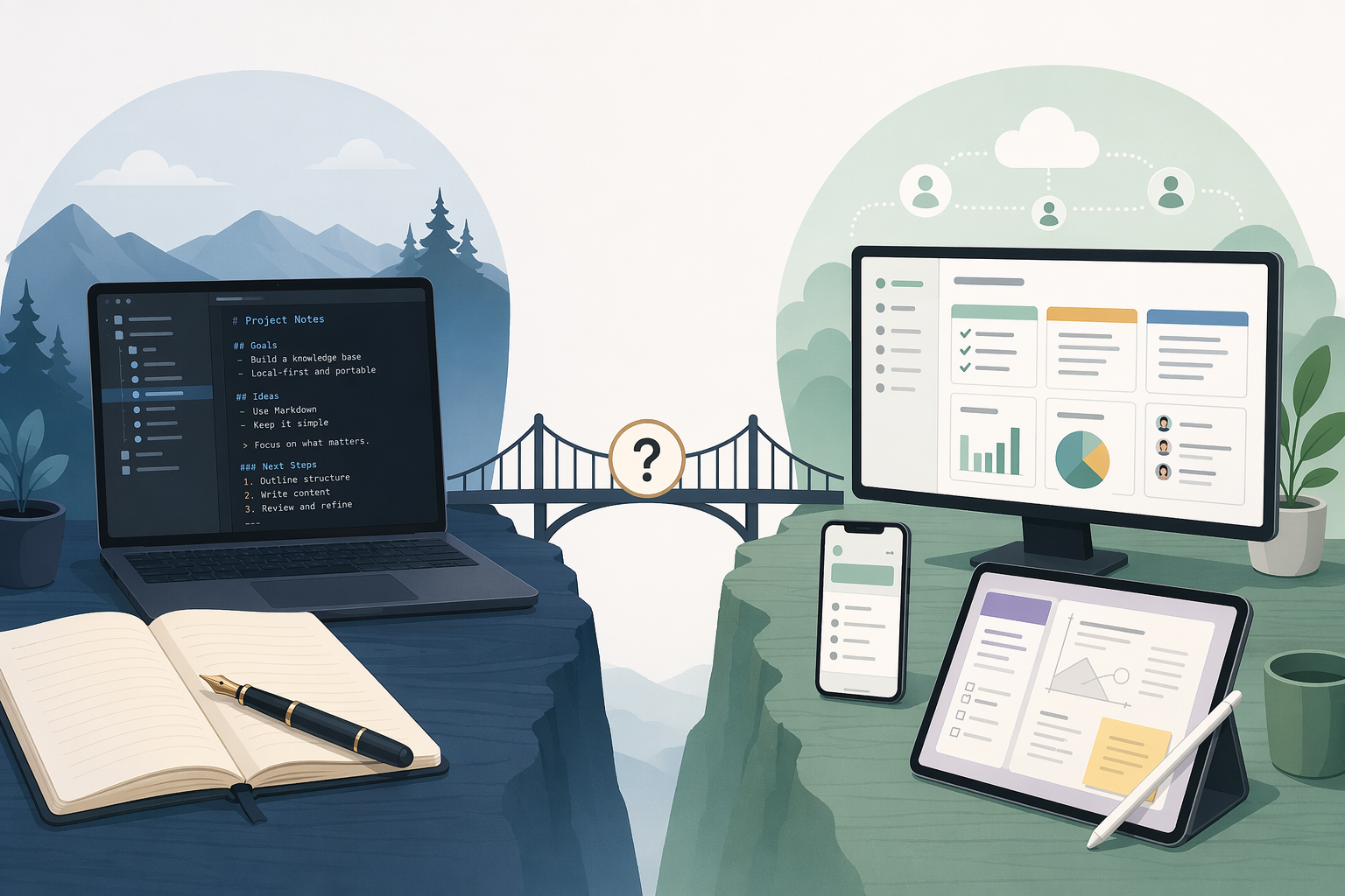 Split-comparison illustration showing a local-first workspace on the left and a cloud-first workspace on the right, connected by a bridge with a question mark.