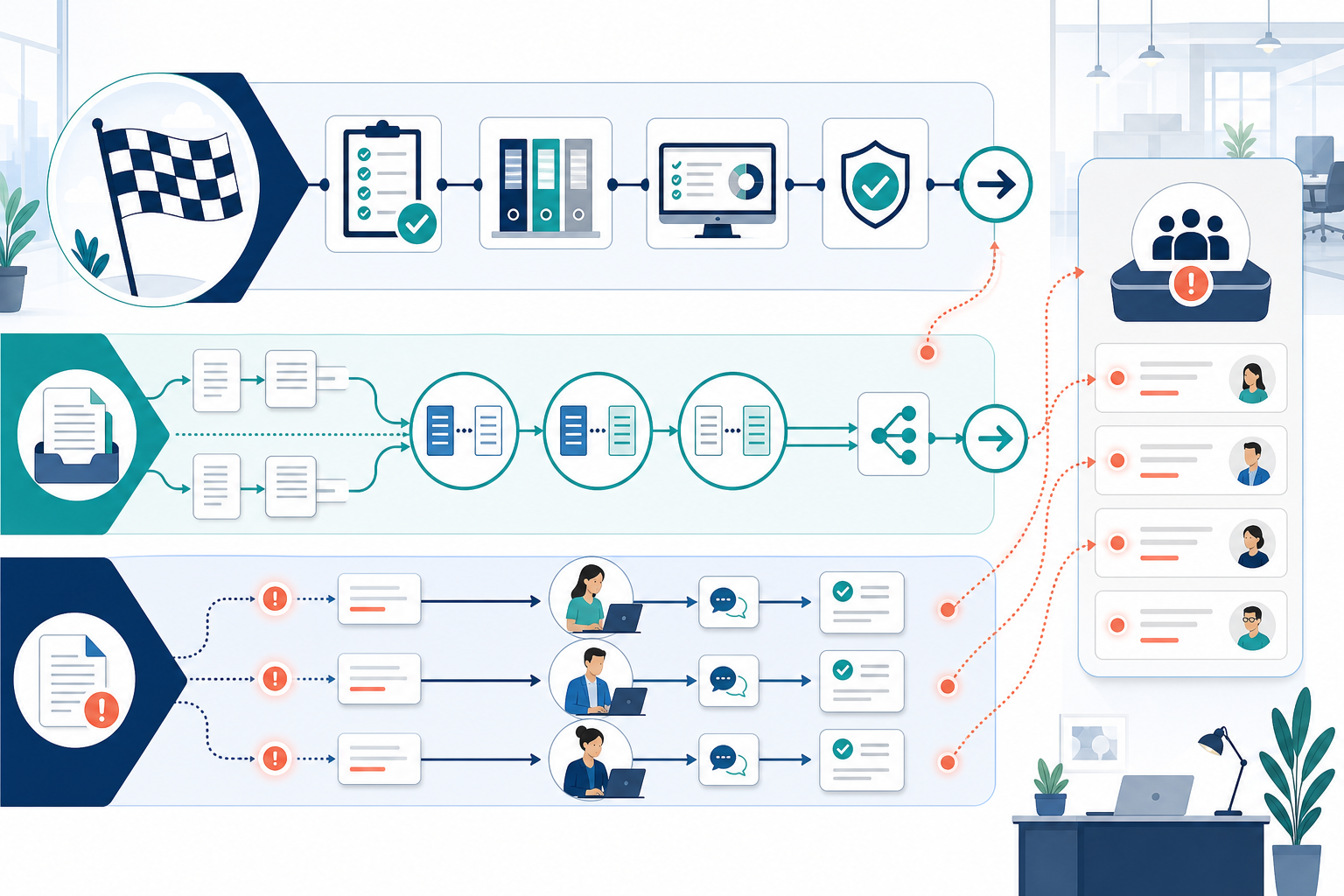 A three-lane process illustration showing close kickoff readiness checks, reconciliation routing, and exception handling flowing into a review queue.