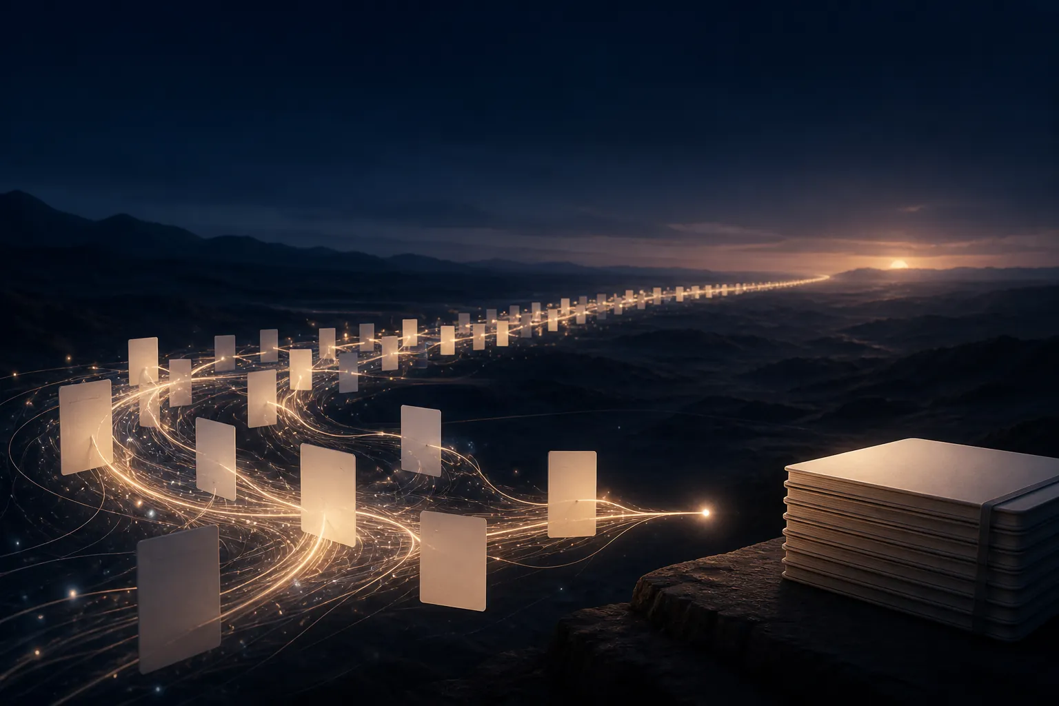 A glowing thread of light stops just short of a stack of notebooks, suggesting a long-running AI agent missing the final note-app connection.
