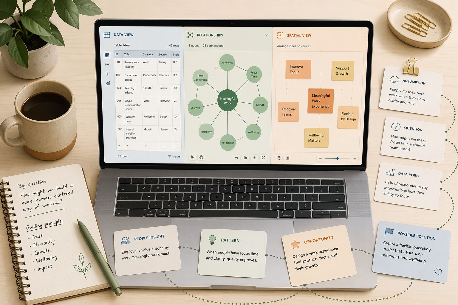 Flat-lay desk workspace illustration with a laptop screen split into three app interfaces: a database-style view, a node graph, and spatial cards, surrounded by a notebook, coffee cup, and paper cards connected by dotted lines.