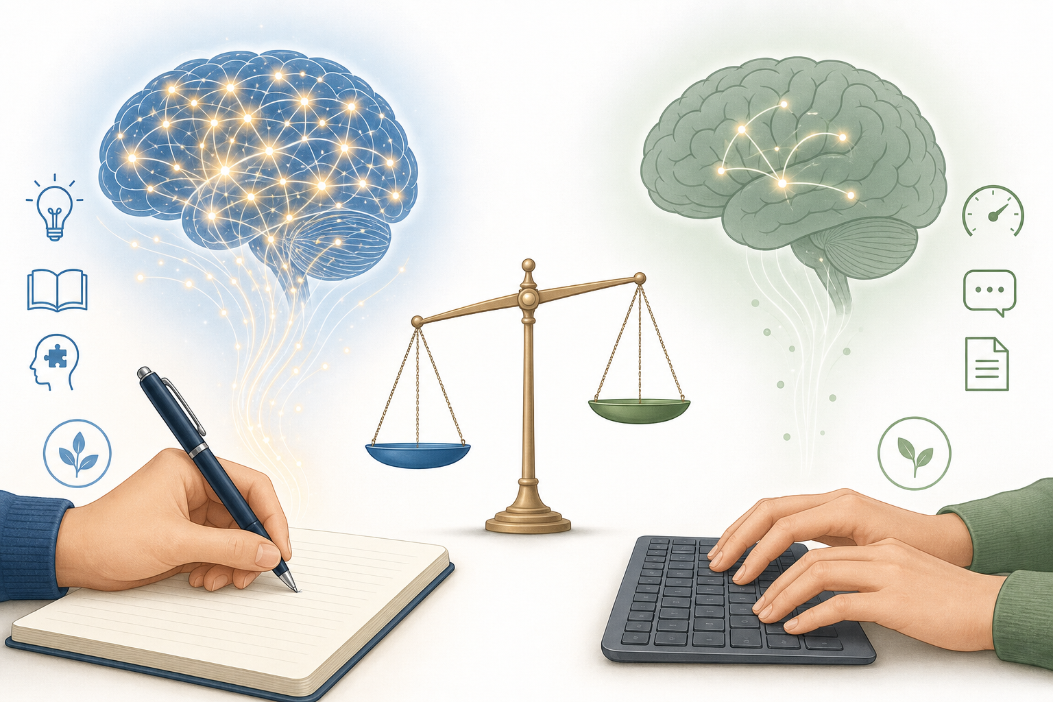 An editorial illustration comparing handwriting and typing for studying: left side shows a hand holding a pen over paper with a stylized brain above showing bright interconnected neural pathways representing deeper cognitive encoding during review; right side shows fingers on a keyboard with a brain above showing fewer neural connections representing faster capture but shallower encoding. A balanced scale graphic centered between them tilts slightly toward the handwriting side, with minimal warm blue and green tones on a clean background.