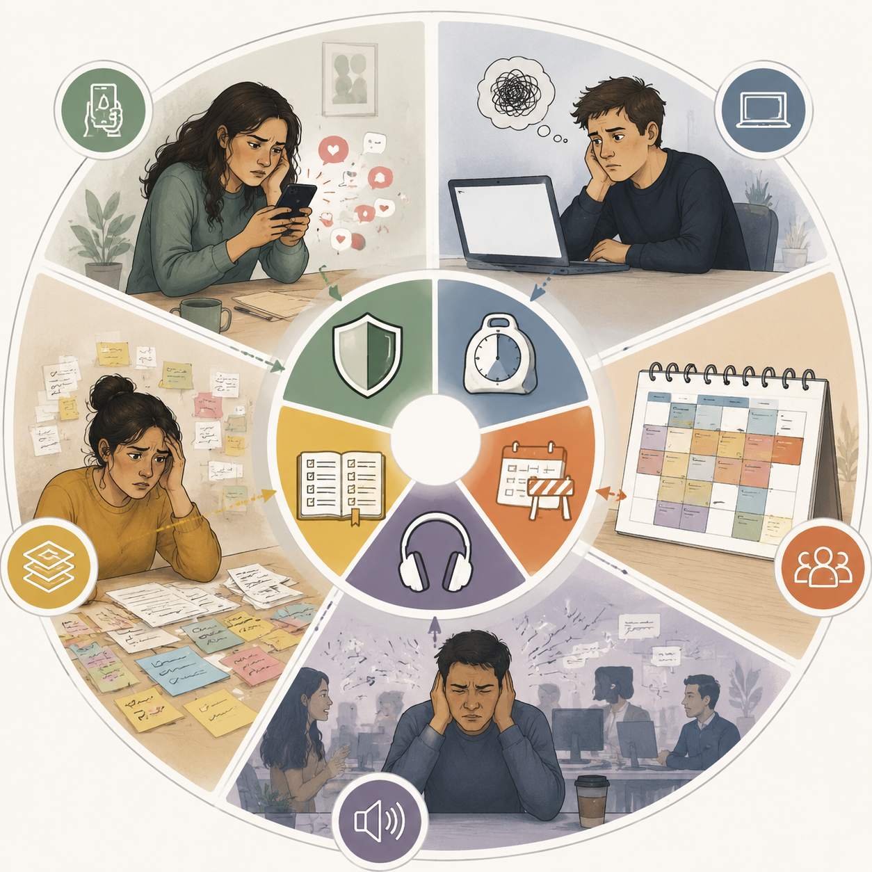 Five focus-breakdown scenarios matched with blockers, timers, calendar barriers, environmental aids, and planners