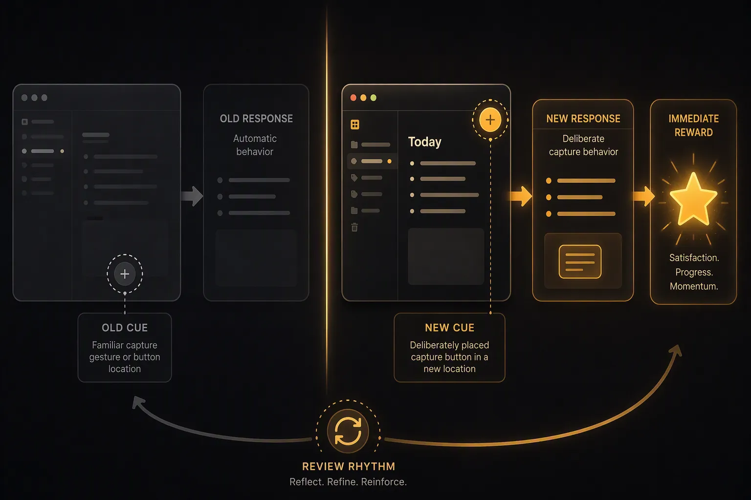 Infographic showing an old note-app cue remapped to a new cue, response, reward, and review rhythm