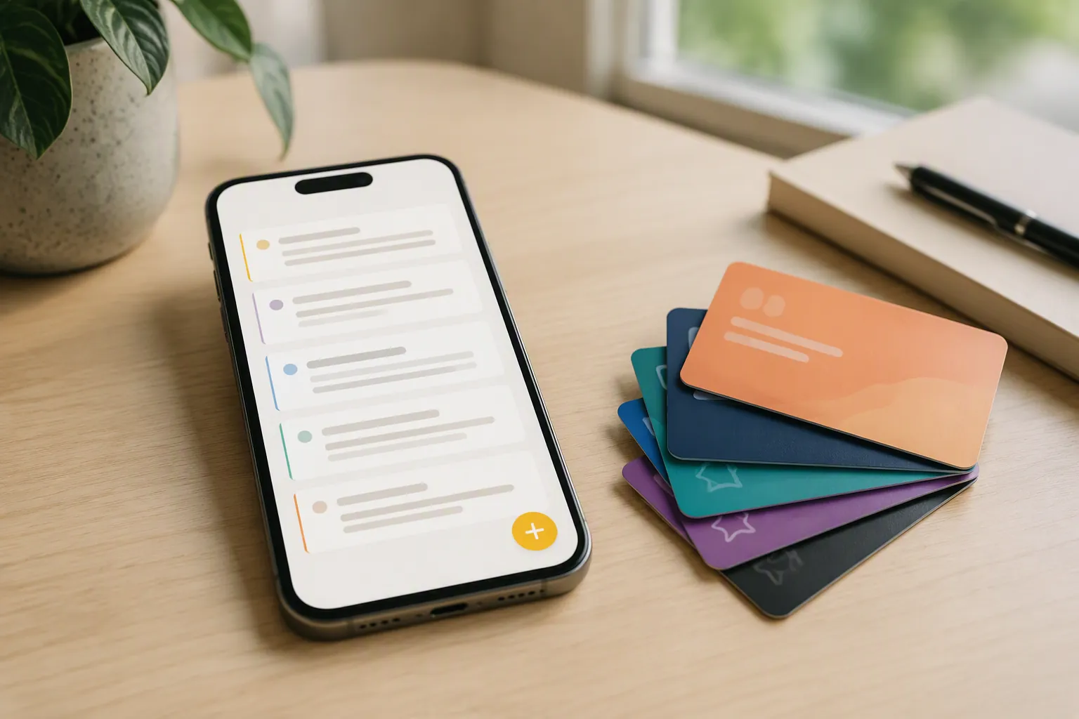Smartphone showing a minimal note interface beside subscription membership cards on a light wood desk