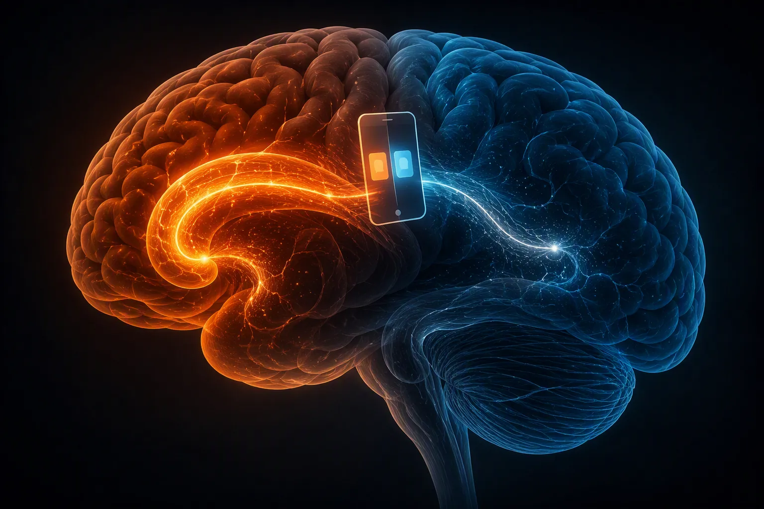Human brain split between an old automatic neural pathway and a new pathway forming during a note-app switch