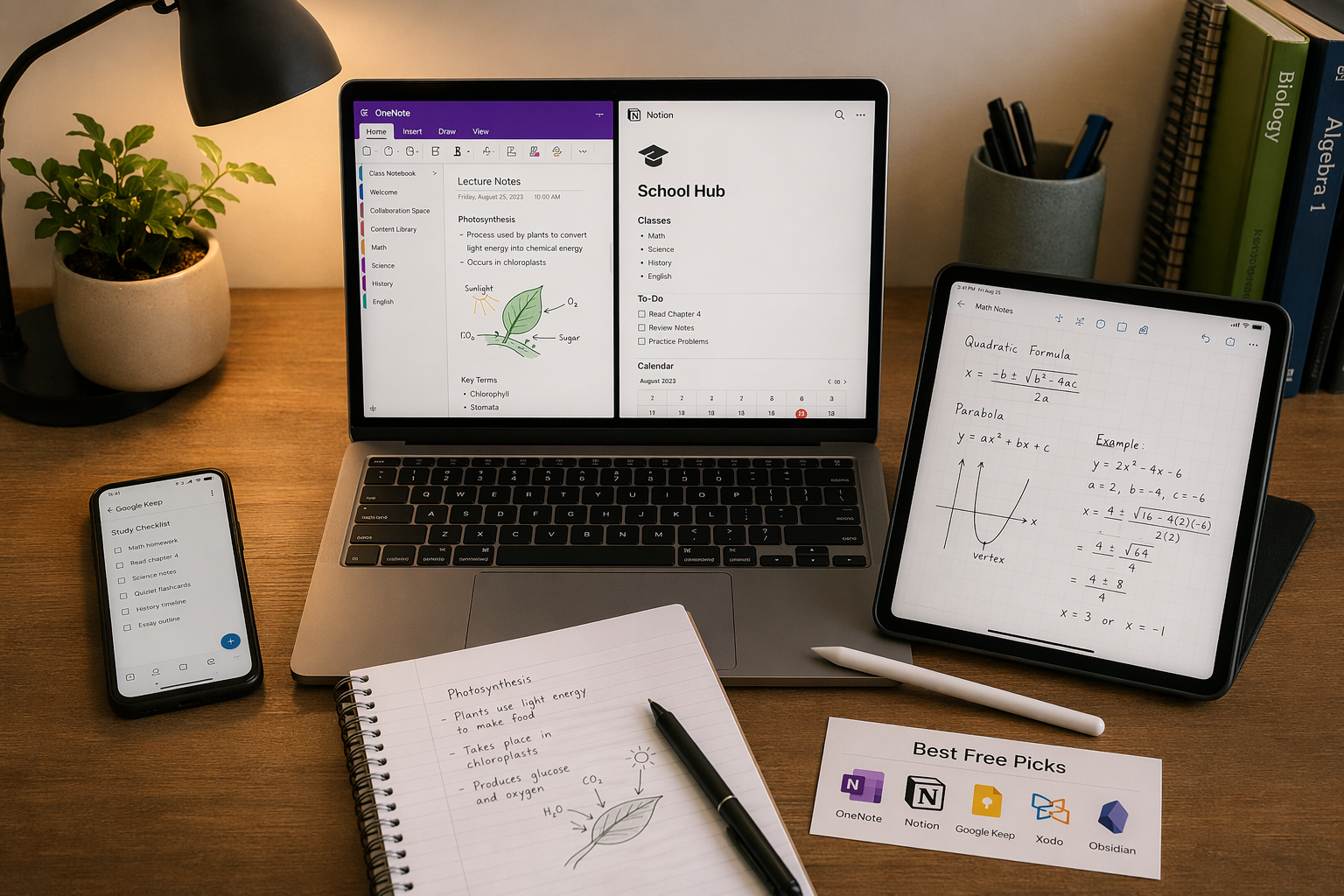 A flat-lay desk scene with a laptop showing OneNote and Notion, an iPad with Apple Pencil and handwritten math equations, an Android phone with Google Keep, a physical notebook, and a printed comparison card.