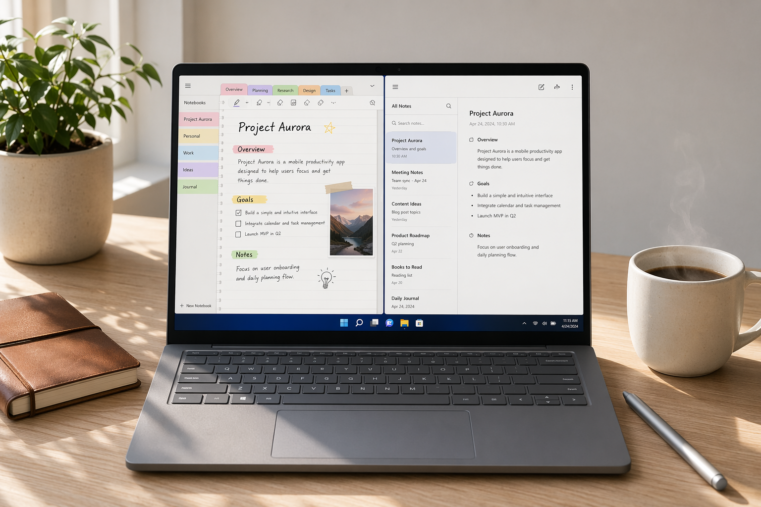 A flat-lay photograph on a wooden desk showing a Windows 11 laptop with a split-screen display of two different note-taking app interfaces, a stylus pen, a leather notebook, and a coffee cup.