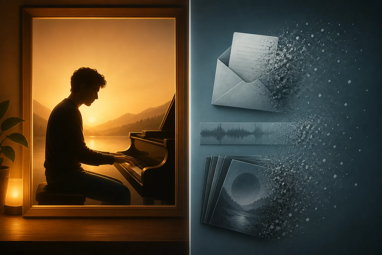 A split scene showing a preserved pianist wallpaper on one side and fading envelopes, MIDI strips, and album sleeves on the other