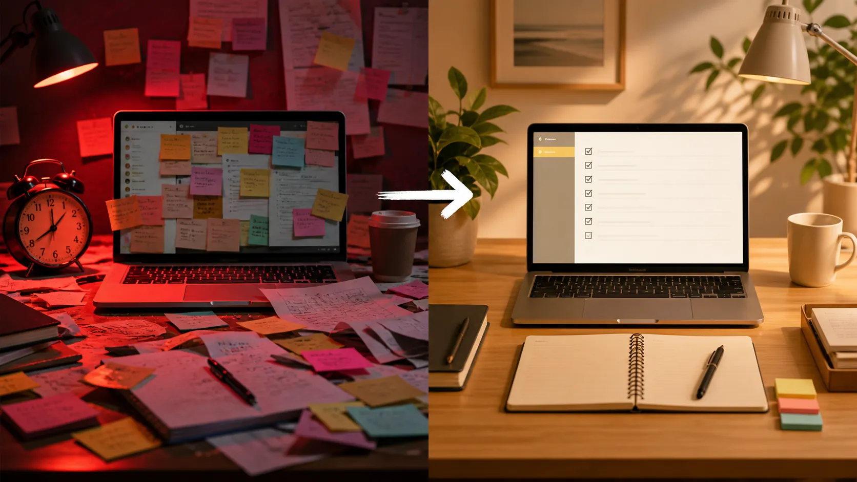 Before-and-after Monday morning desk showing a chaotic start beside a tidy notes-app checklist