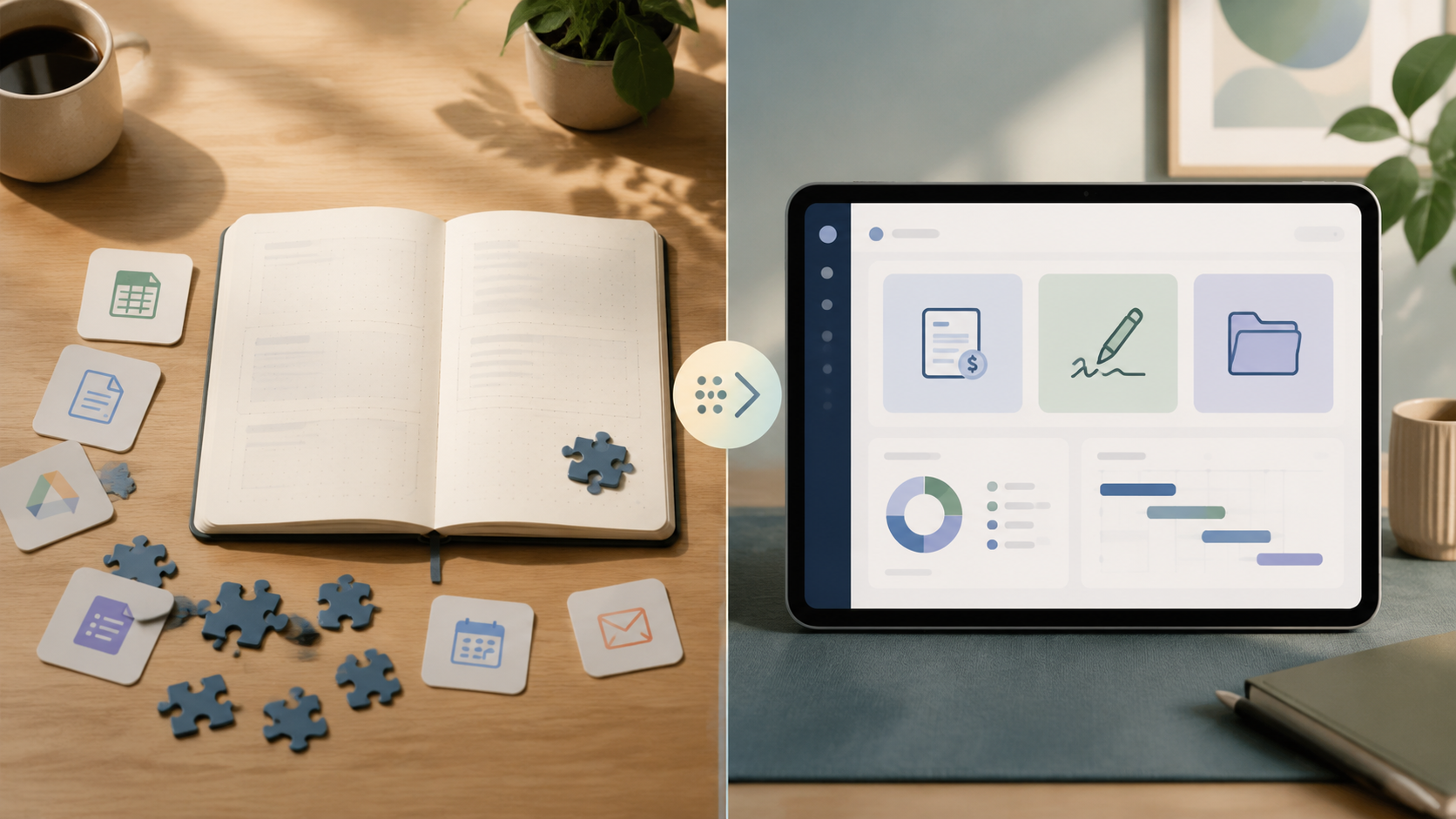 Split-screen comparison of a modular Notion template setup and a unified all-in-one freelance platform dashboard