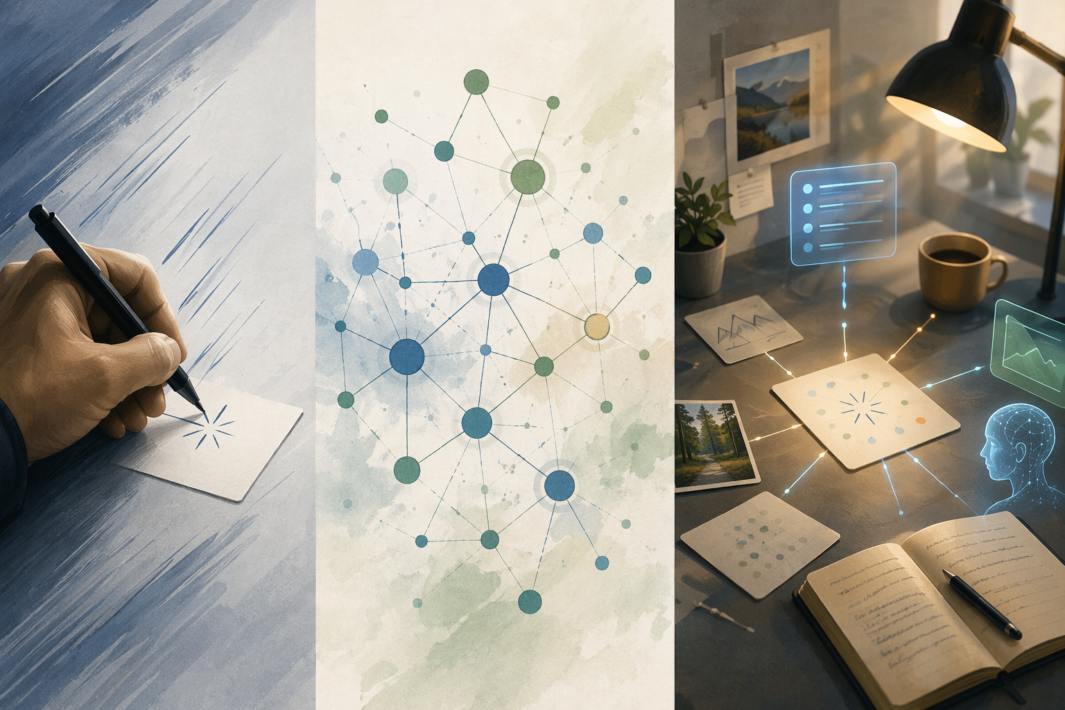 Three note-taking architectures shown as quick capture, linked ideas, and an active AI workspace