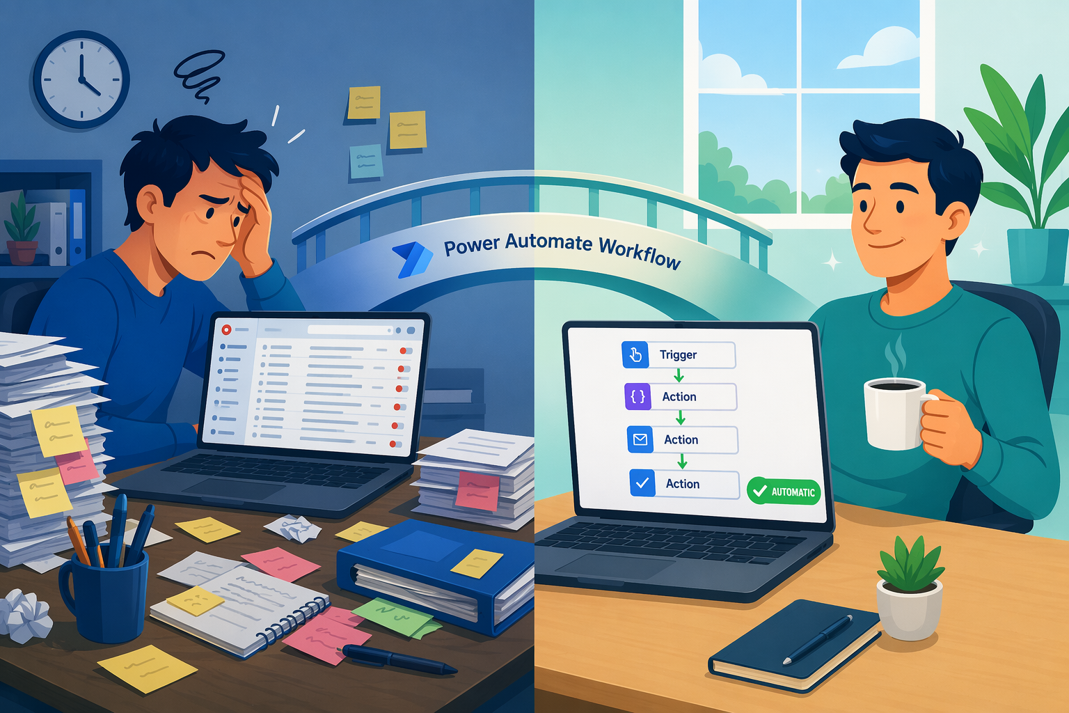 A split-composition illustration showing a cluttered desk before automation and a calm, organized workspace after implementing a Power Automate workflow.