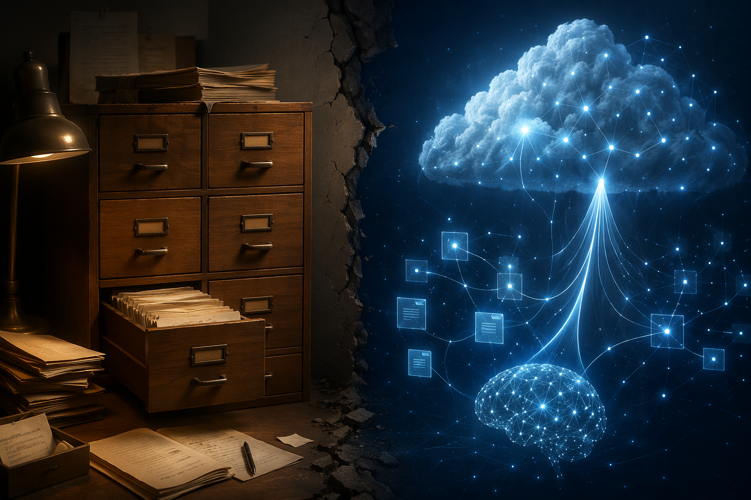 Split composition contrasting a physical note archive with a glowing cloud AI search network