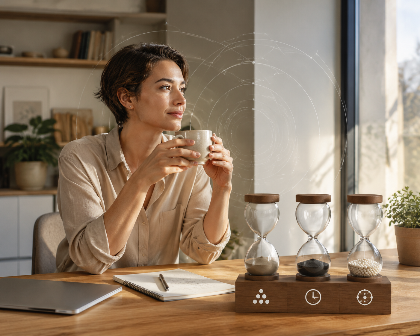 Person at a sunlit home office desk holding coffee beside hourglasses and circadian rhythm lines